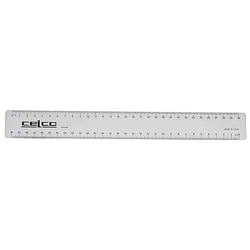 Celco clear 30cm plastic ruler with centimetre and millimetre markings, sold in a box of 50