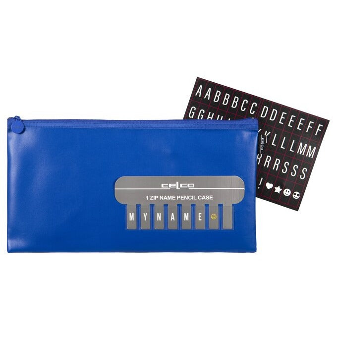 Blue Celco 1 zip name pencil case with a grey label and letter slots spelling MY NAME, and a black letter card with letters and symbols behind it