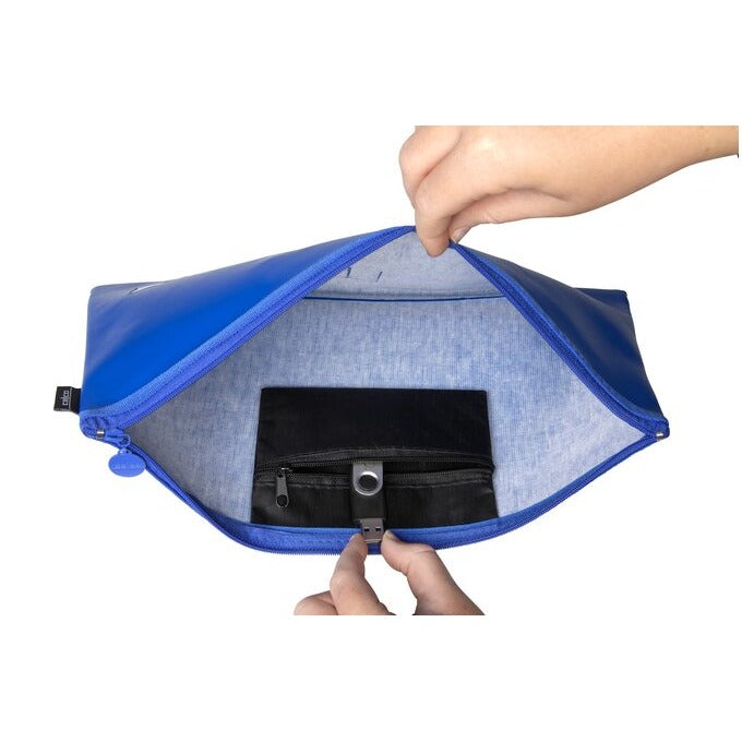Hands holding a blue Celco name pencil case open to show the light lining and a black zipped inner pocket with a USB stick