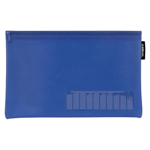 Front view of the blue Celco 1 zip name pencil case with an empty clear name strip near the lower edge and a Celco tab on the side