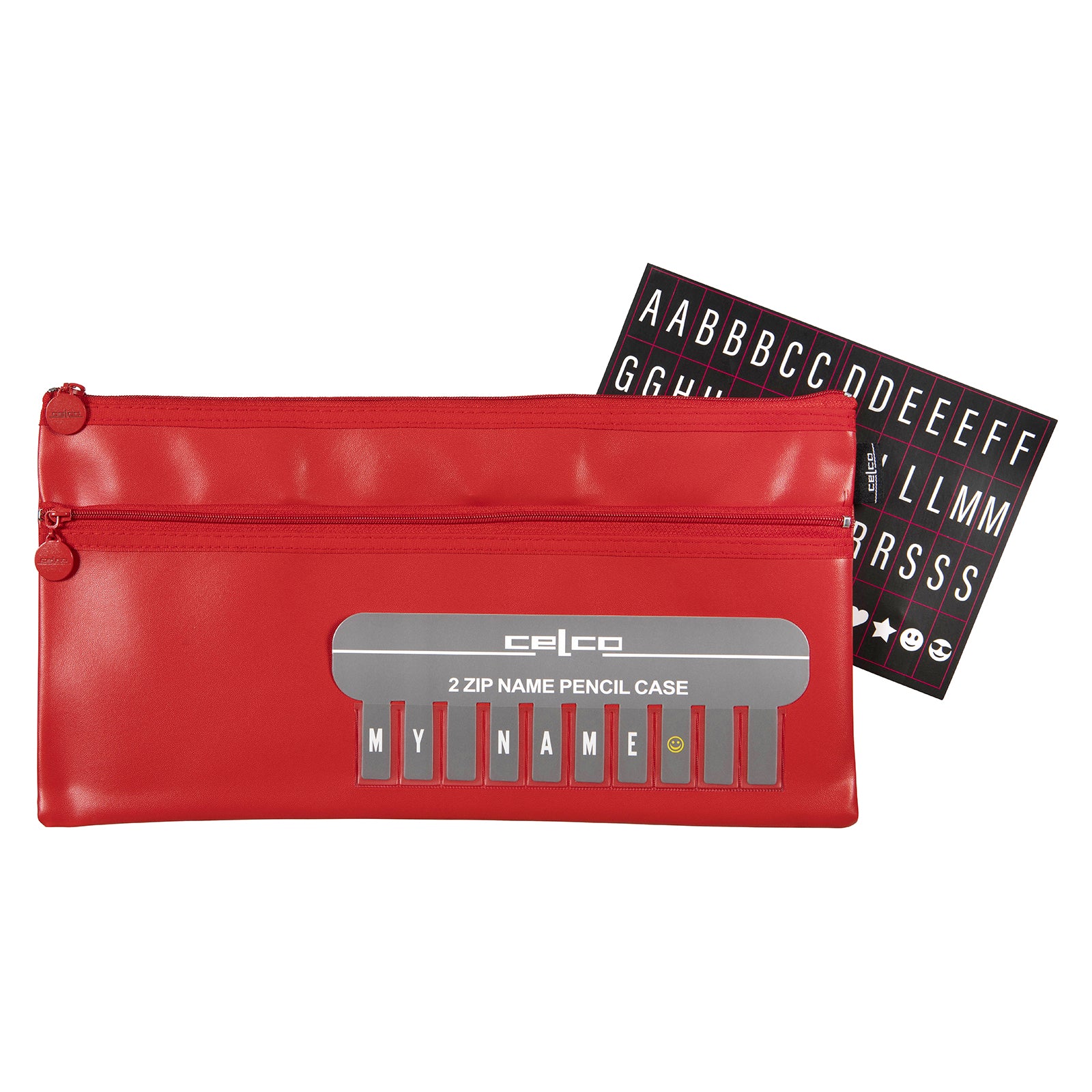 Front studio image of the Celco Large 2 Zip Name Pencil Case in red displayed with the included alphabetical name card sheet. The personalised name window demonstrates how users can customise the pencil case for quick identification in classrooms or shared environments.