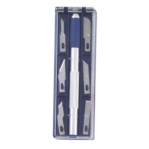 Celco Pen Knife 6 Blade Set with aluminium handle and reusable storage tray on white background