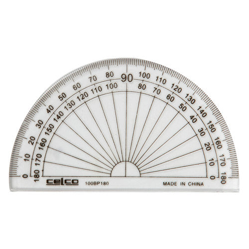 Celco 10cm semi-circle protractor with 180-degree scale, shown as part of a bulk pack of 50