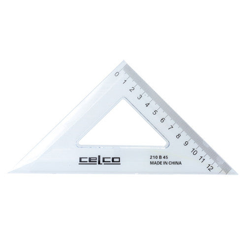 Clear Celco 45 degree set square lying flat, printed with the Celco name, 210 B 45 and Made in China, with a 0 to 12 centimetre scale on one edge