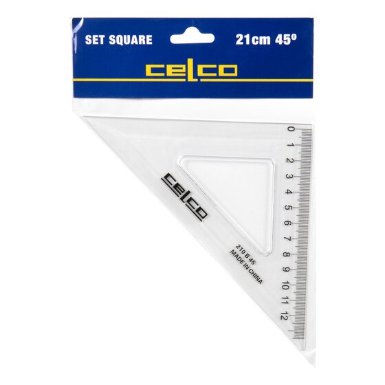 Celco 45 degree set square in its clear bag with a blue header card reading Set Square 21cm 45 degrees