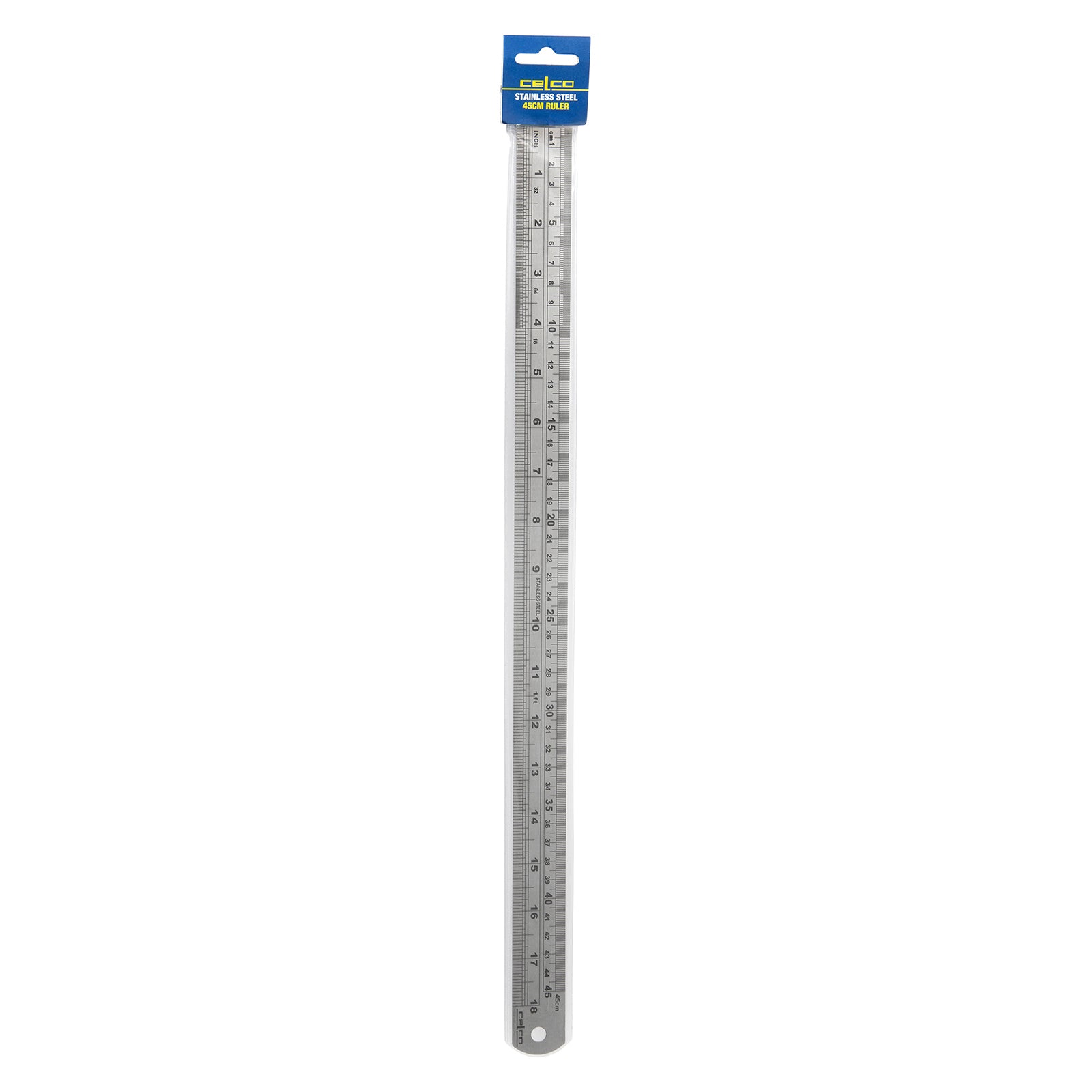 Front facing studio image of the Celco 45cm stainless steel ruler in its retail hang packaging displayed against a white background. The full length view clearly presents the ruler, packaging and measuring scales for catalogue and online product listings.