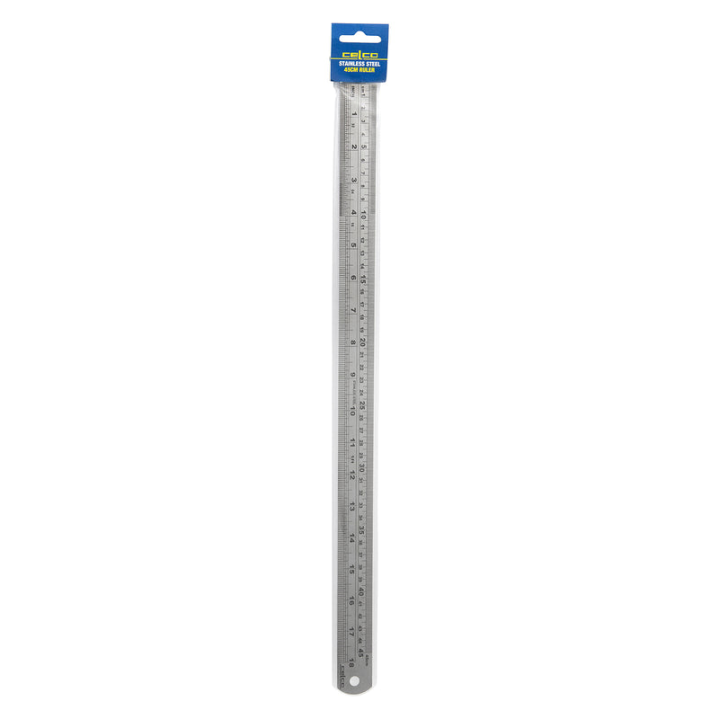Front facing studio image of the Celco 45cm stainless steel ruler in its retail hang packaging displayed against a white background. The full length view clearly presents the ruler, packaging and measuring scales for catalogue and online product listings.