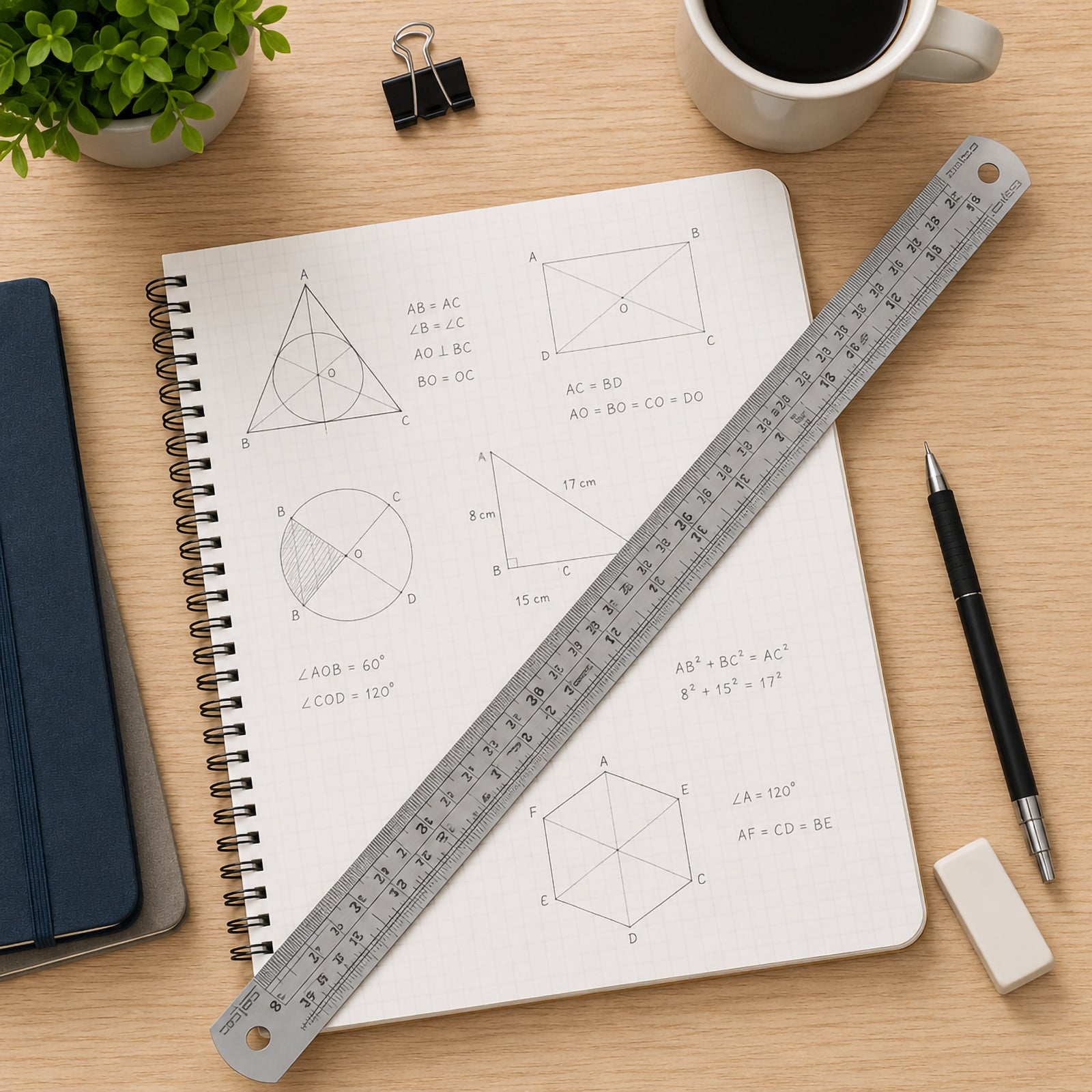 Top view of the Celco 45cm stainless steel ruler positioned diagonally across a notebook featuring geometric mathematics diagrams. A coffee cup, pen, notebook and desktop accessories create a clean office and study environment that highlights the ruler's precision and dual measurement scales.