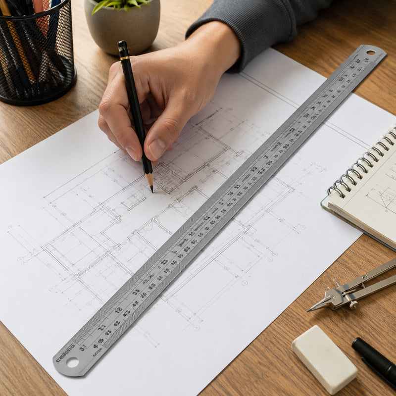 A person uses the Celco 45cm stainless steel ruler to accurately measure architectural floor plans on a drafting table. A pencil, compass, notebook and technical drawing tools surround the ruler, demonstrating its suitability for engineering, architecture and professional design work.