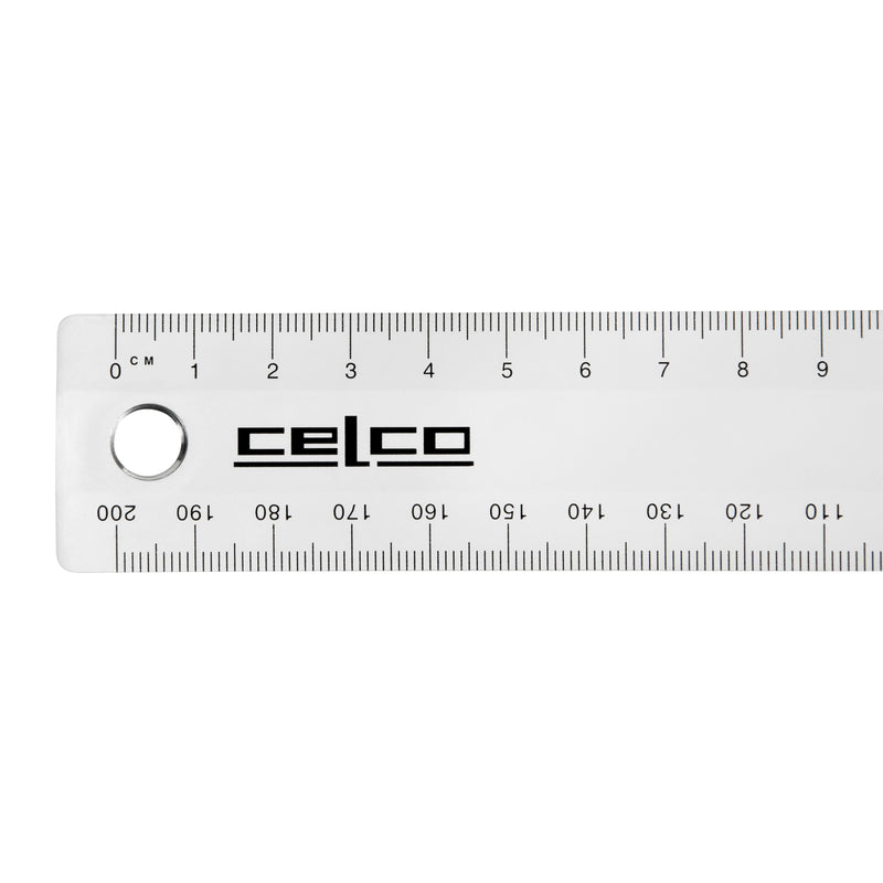 Close up product image of the left end of the Celco 20cm clear ruler against a white background. The transparent plastic construction, centimetre markings and hanging hole are clearly visible for detailed product presentation.