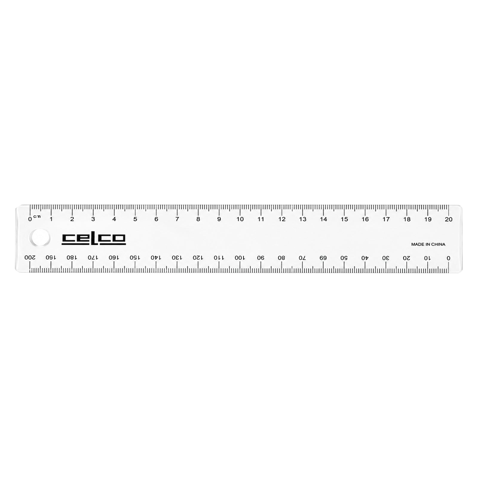 Full length studio image of the Celco 20cm clear ruler on a clean white background. The transparent body, black metric markings and durable construction are displayed clearly for an accurate product reference image.