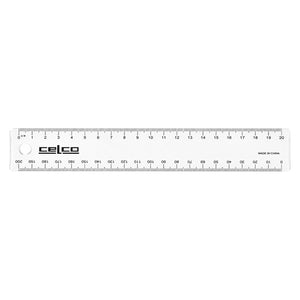 Full length studio image of the Celco 20cm clear ruler on a clean white background. The transparent body, black metric markings and durable construction are displayed clearly for an accurate product reference image.