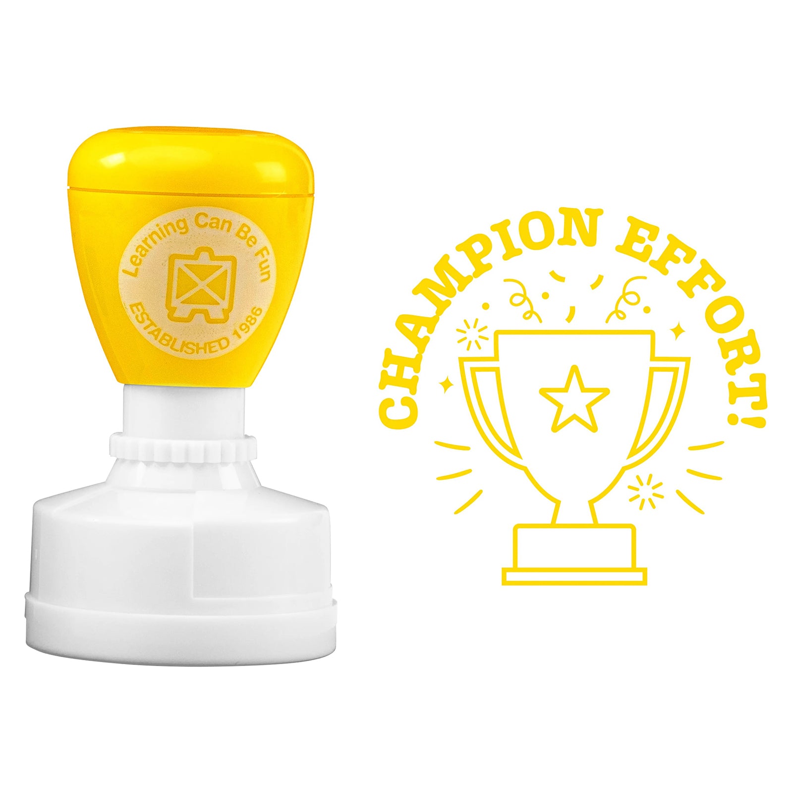 Close up product image featuring the Champion Effort merit stamp alongside its detailed trophy artwork. The large 36mm design creates clear and motivational feedback for everyday educational use.