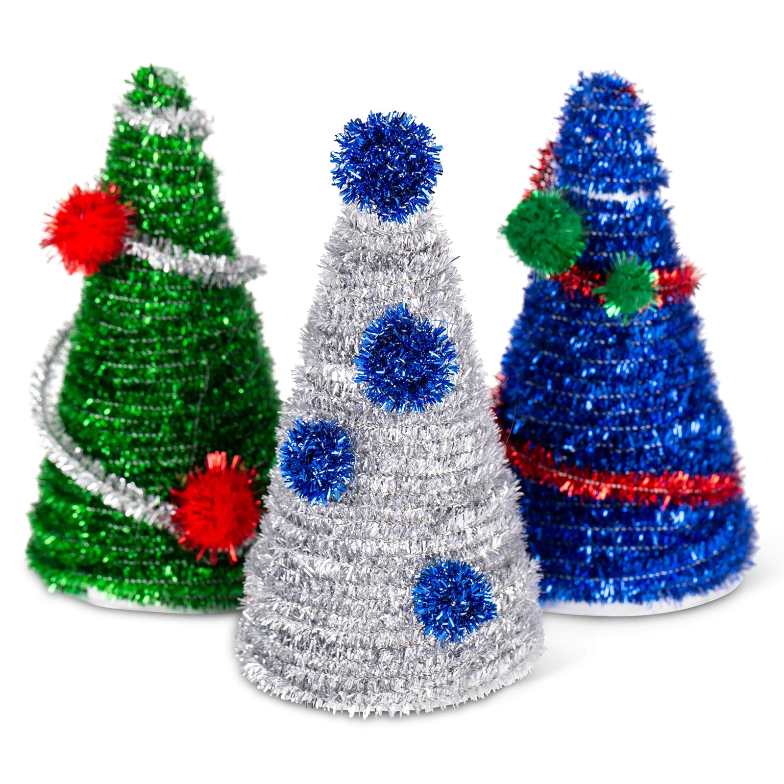Three handcrafted Christmas trees created from colourful tinsel chenille stems decorated with pom poms and contrasting metallic accents. The sparkling finish makes them ideal for festive displays, seasonal decorations and holiday themed classroom activities.