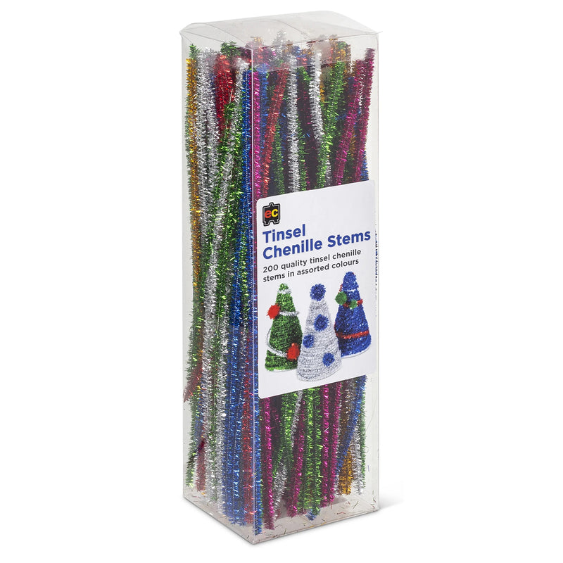 Retail packaging of Educational Colours Tinsel Chenille Stems showing assorted metallic colours inside a clear storage pack. The packaging highlights the 200 piece assortment designed for schools, art rooms, craft groups and creative learning environments.