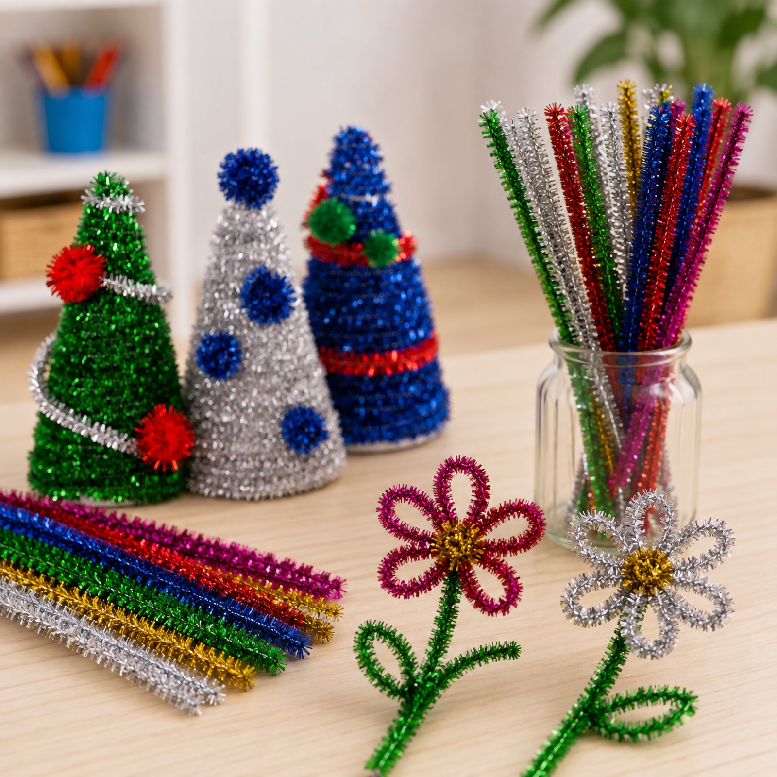 Colourful tinsel chenille stems arranged with handmade Christmas tree decorations and flower crafts on a classroom table. The metallic finish catches the light, demonstrating how these stems can be twisted and shaped into seasonal displays, decorative artwork and imaginative creations.