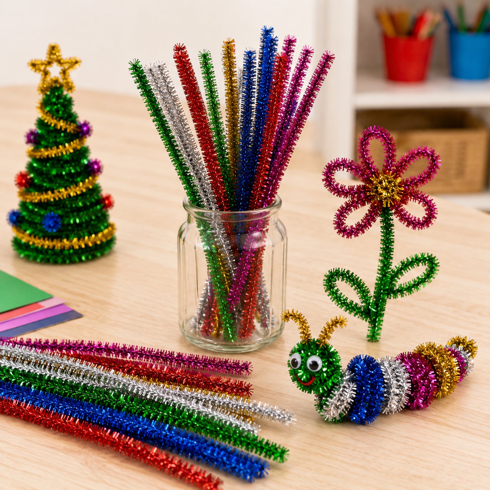 Assorted metallic tinsel chenille stems displayed in a glass jar alongside handmade creations including a flower, caterpillar and decorative Christmas tree. The sparkling stems feature vibrant colours such as silver, blue, green, red and pink, showcasing their flexibility and suitability for festive craft projects and creative classroom activities.
