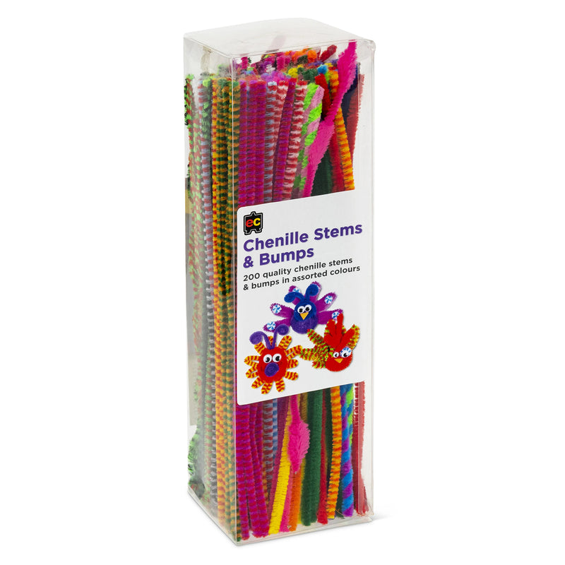 Retail packaging of Educational Colours Chenille Stems and Bumps showing the assorted colours and textured bump patterns inside the clear storage pack. The packaging highlights the 200 piece assortment designed for schools, craft rooms and creative learning environments.