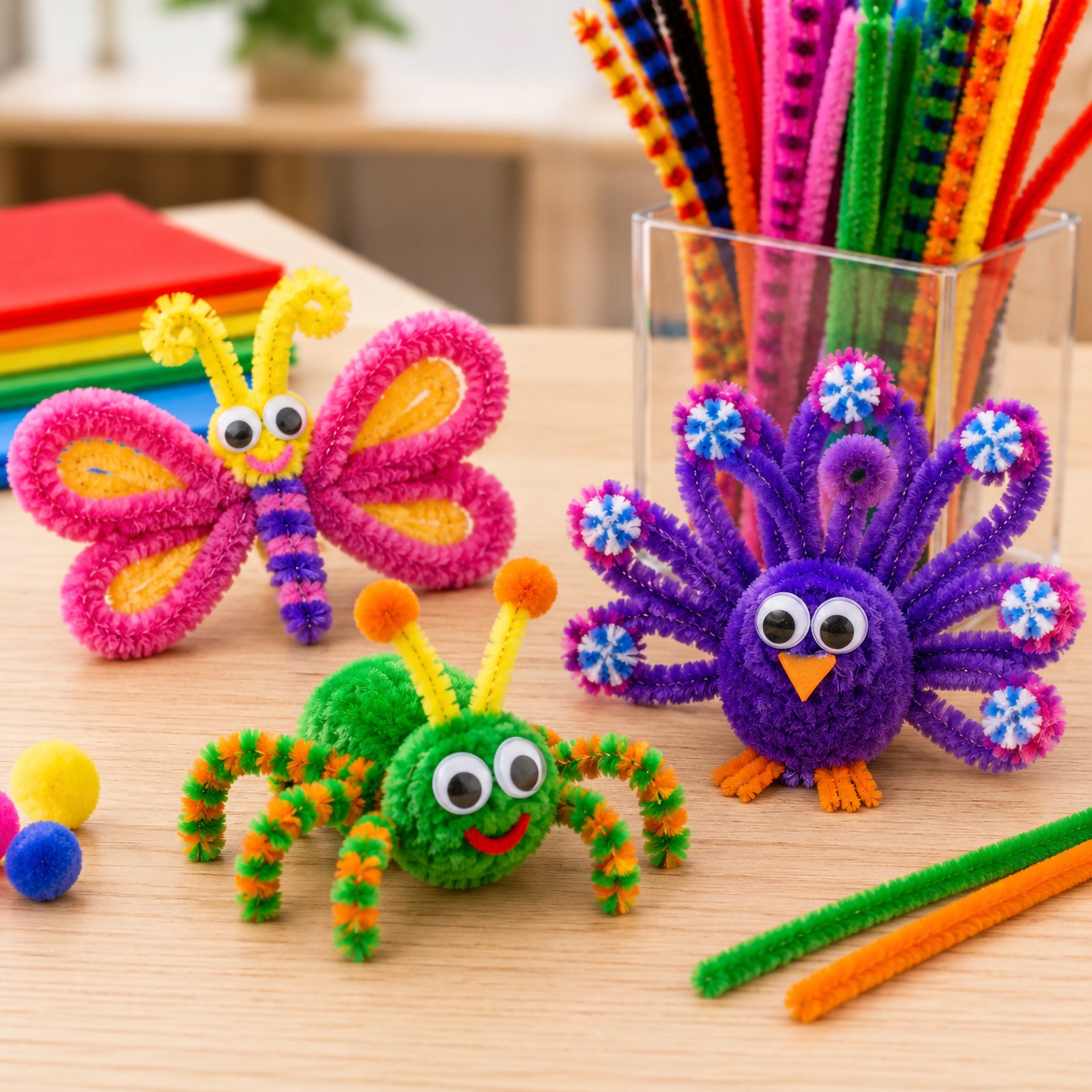 Brightly coloured chenille stems arranged in a craft workspace with completed butterfly, spider and bird creations. The image demonstrates the versatility of the stems for three dimensional art, fine motor skill development and engaging classroom craft activities.