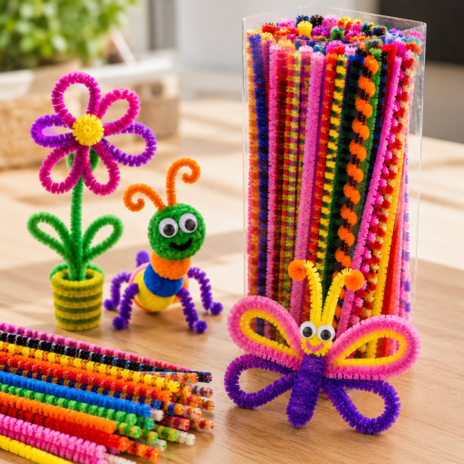 Educational Colours chenille stems and bumps displayed in a clear container alongside completed craft models including a flower, butterfly and caterpillar. The vibrant assortment highlights the textured stem design, showing how children can twist and shape them into decorative creations, animals and educational projects.