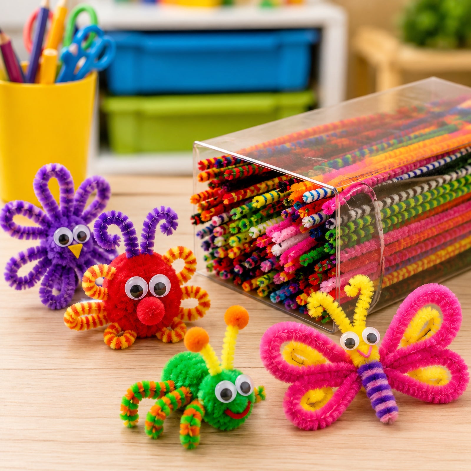 Colourful chenille stems and bumps spilling from a clear storage container beside handmade craft creatures including a butterfly, spider, octopus and bird. The textured stems feature bright assorted colours and raised bump details, demonstrating their flexibility and suitability for creative classroom art projects and imaginative craft activities.