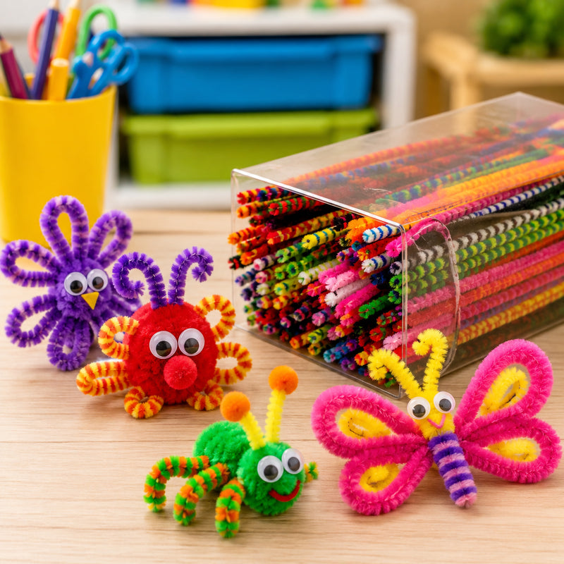 Colourful chenille stems and bumps spilling from a clear storage container beside handmade craft creatures including a butterfly, spider, octopus and bird. The textured stems feature bright assorted colours and raised bump details, demonstrating their flexibility and suitability for creative classroom art projects and imaginative craft activities.