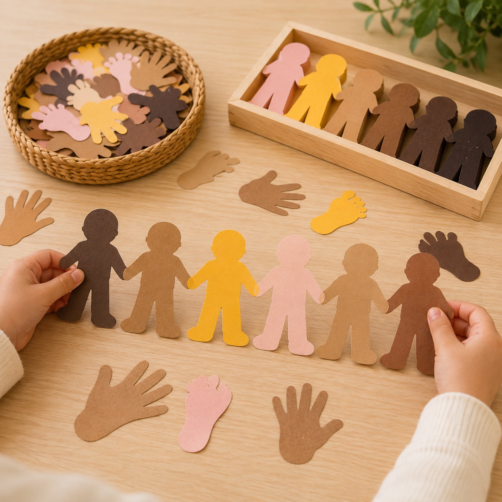 Children holding connected paper people figures in six skin tone colours while arranging diversity themed classroom resources. Visible paper hands, feet and people shapes encourage multicultural learning, identity exploration and inclusive educational activities.