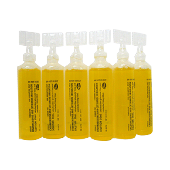 Chlorhexidine 0.05% Cetrimide 0.5% 30mL Box/30 showing single-use antiseptic wound cleansing sachets for contaminated wound irrigation