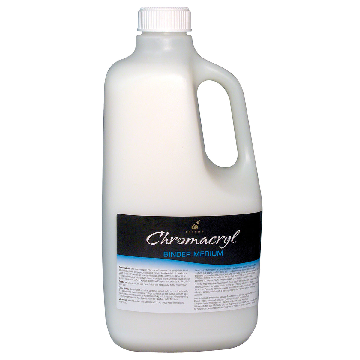 Chroma Chromacryl Binder Medium 2 Litre: white handled jug bottle with white screw cap and black Chromacryl Binder Medium label with directions