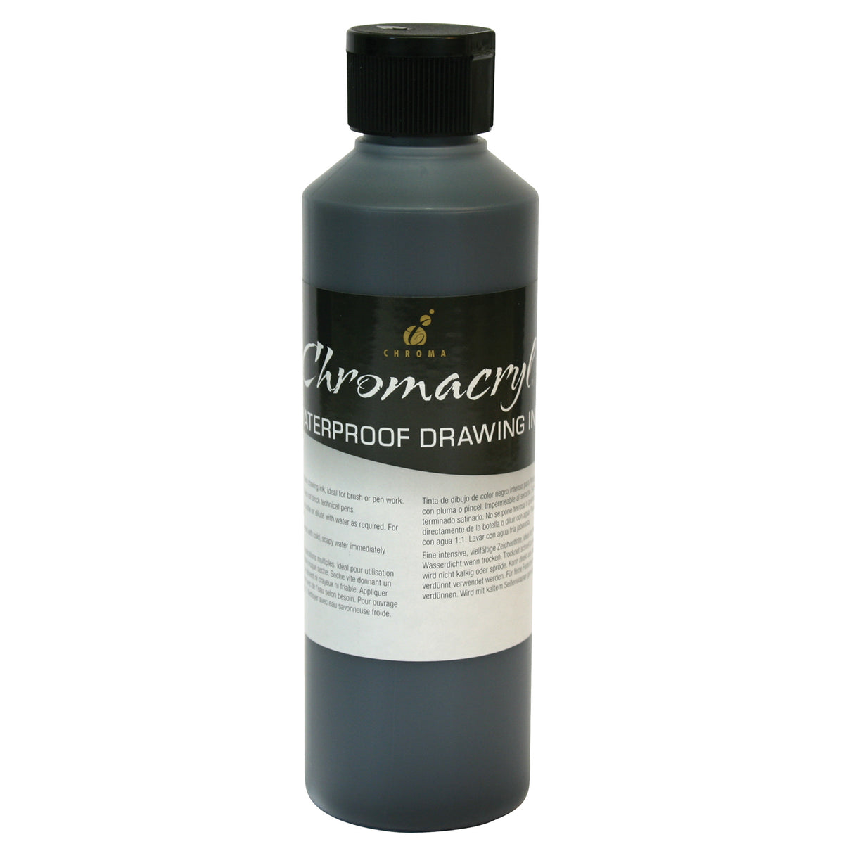 Chroma Chromacryl Black Drawing Ink 250ml: black-filled bottle with black flip cap and Chromacryl Waterproof Drawing Ink label