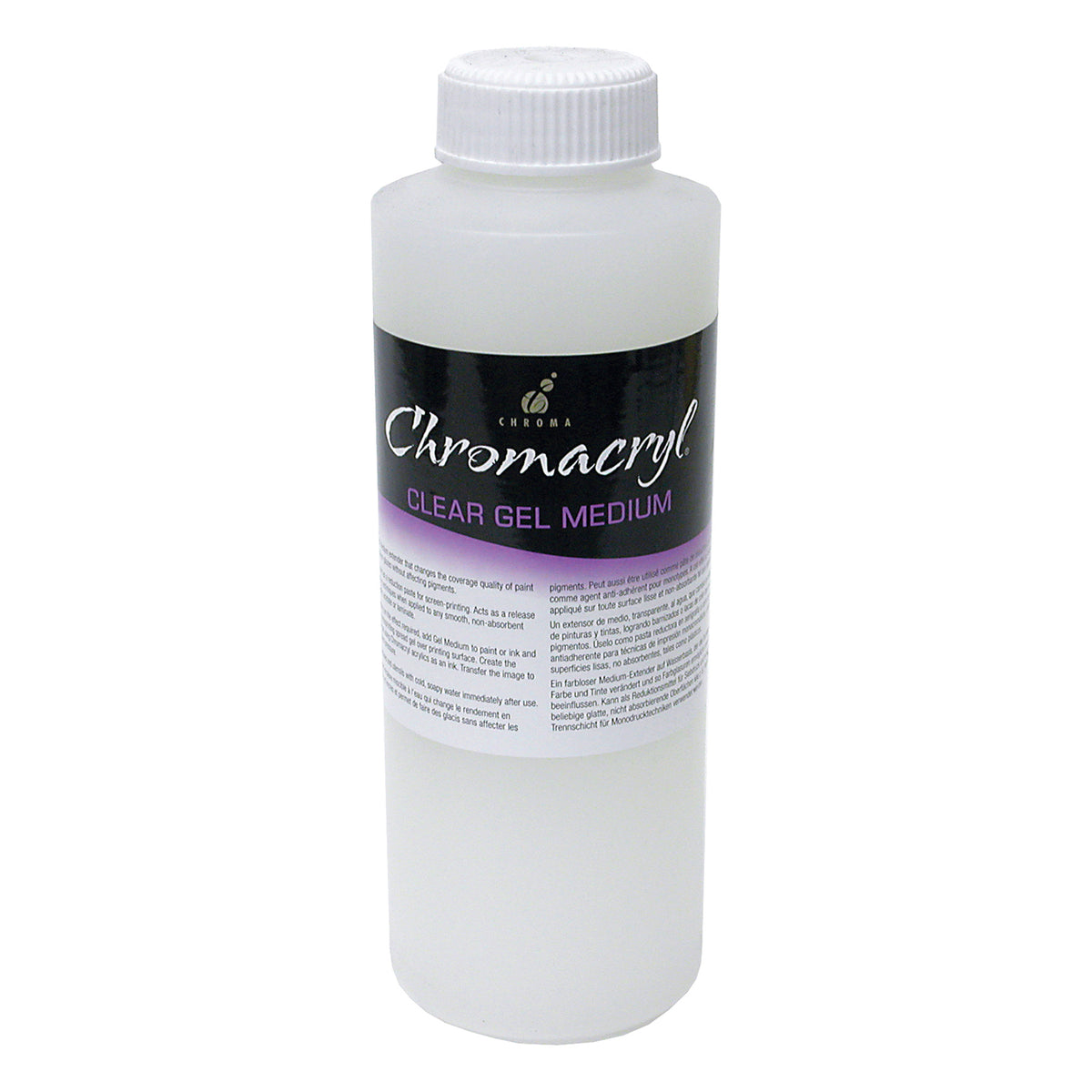 Chroma Chromacryl Clear Gel Medium 500ml: white plastic bottle with white screw cap and black label with a purple Clear Gel Medium band