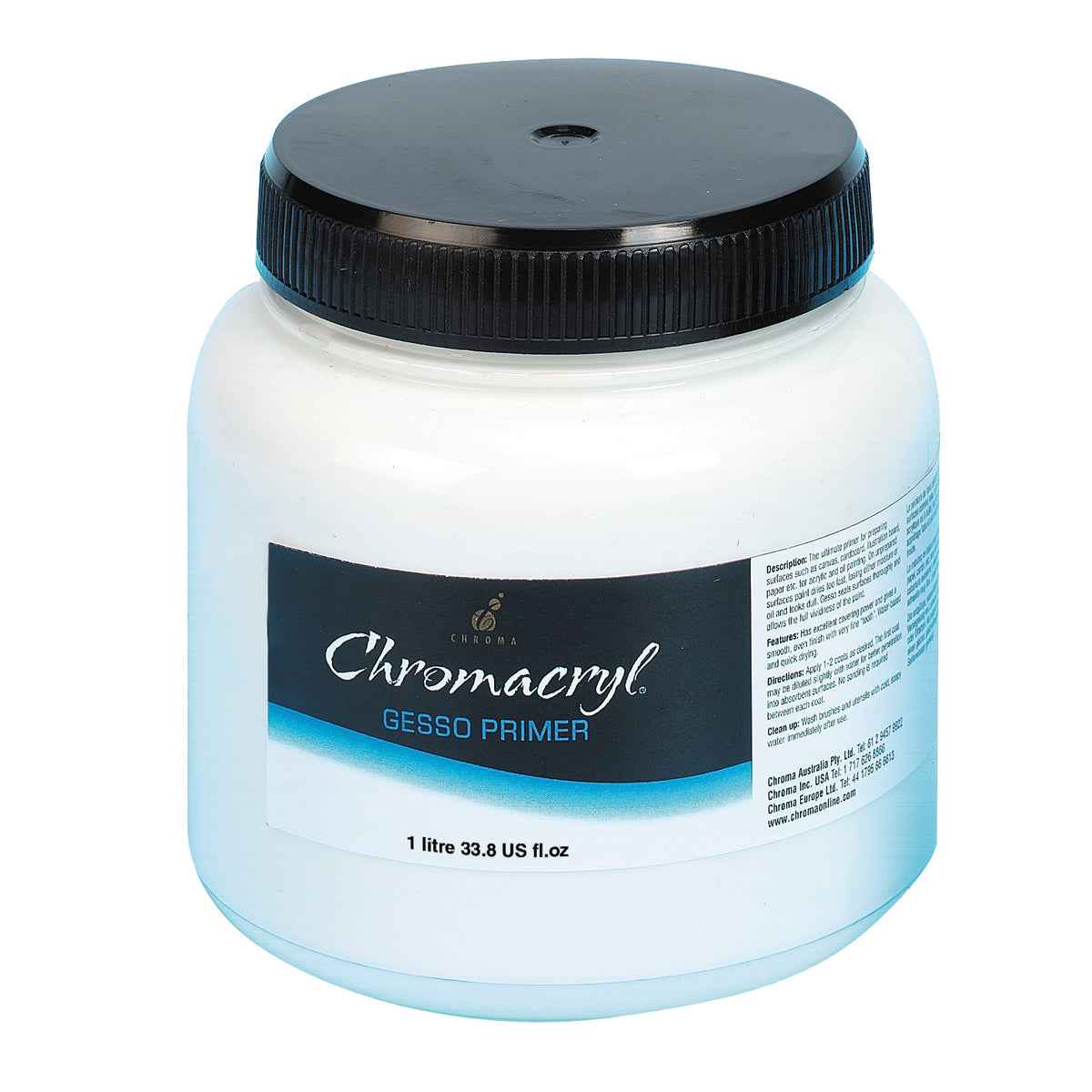 Chroma Chromacryl Gesso 1 Litre: wide white jar with black screw lid, Gesso Primer label printed 1 litre 33.8 US fl.oz with side directions