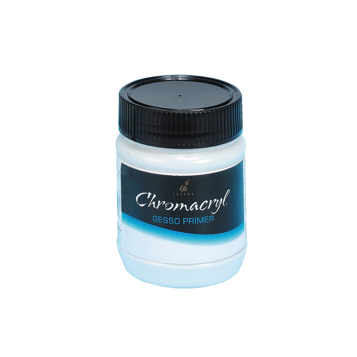 Chroma Chromacryl Gesso 250ml: small white jar with black ribbed screw lid and a black Chromacryl Gesso Primer label