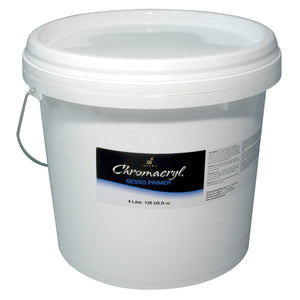 Chroma Chromacryl Gesso 4 Litre: white plastic pail with lid and metal wire handle, Gesso Primer label printed 4 Litre 135 US.fl.oz
