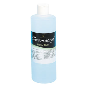 Chroma Chromacryl Retarder 500ml: clear bottle of pale blue liquid with white flip cap and black label with green Retarder band