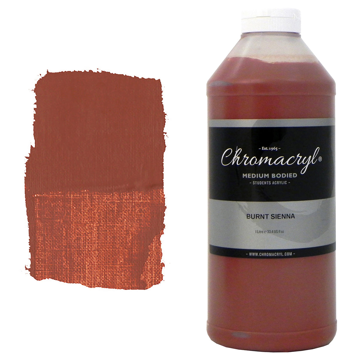 Chroma Chromacryl Student Acrylic Paint 1 Litre Bottle Burnt Sienna: bottle with white cap beside a painted swatch of a warm, reddish terracotta brown