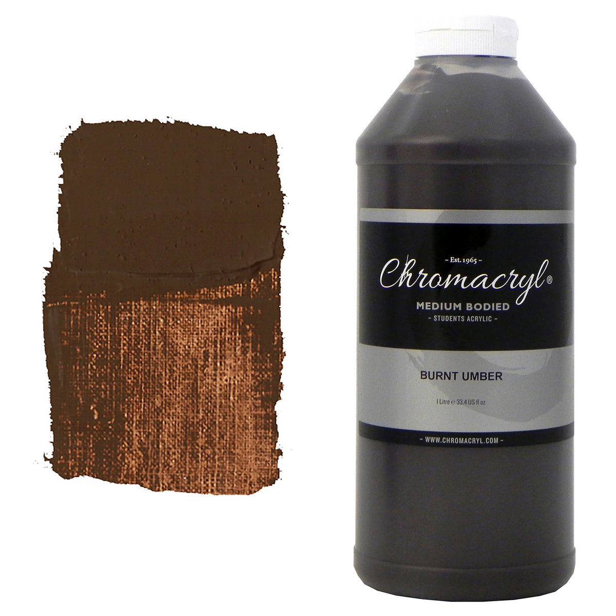 Chroma Chromacryl Student Acrylic Paint 1 Litre Bottle Burnt Umber: bottle with white cap beside a painted swatch of a dark chocolate brown with coppery highlights where thin