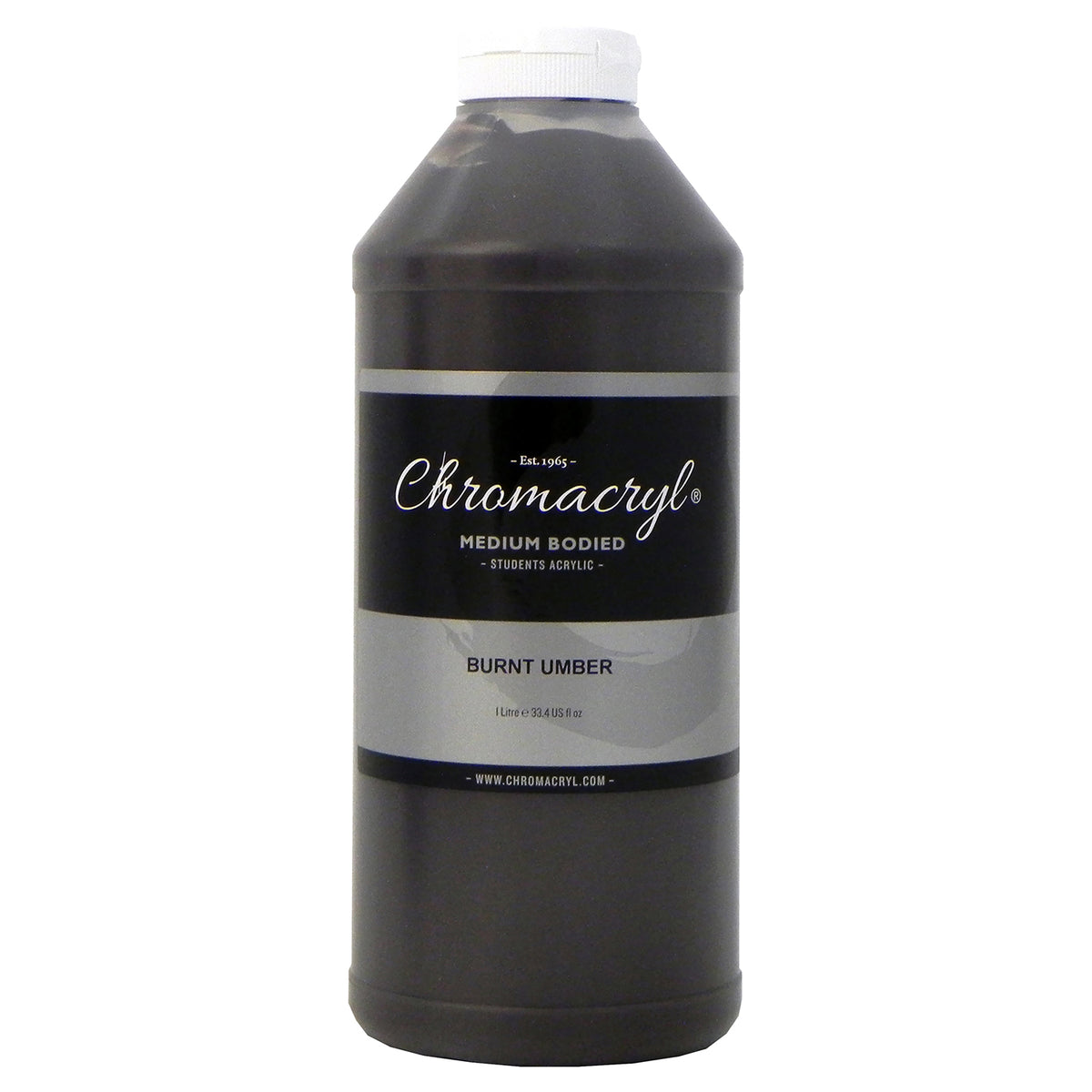 Chroma Chromacryl Student Acrylic Paint 1 Litre Bottle Burnt Umber: front view of the bottle showing the Medium Bodied Students Acrylic label