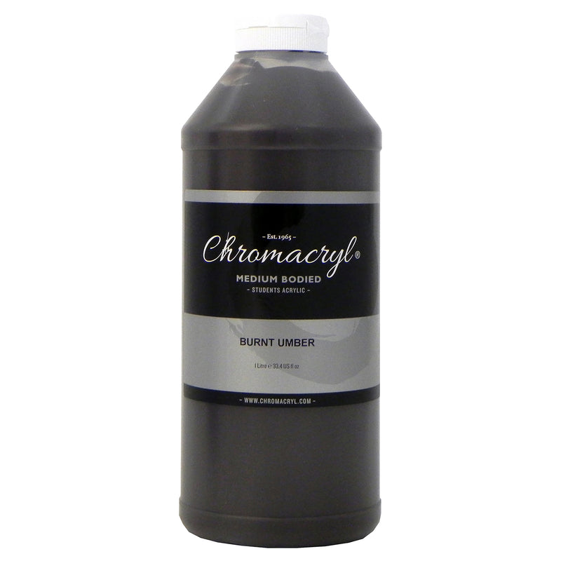 Chroma Chromacryl Student Acrylic Paint 1 Litre Bottle Burnt Umber: front view of the bottle showing the Medium Bodied Students Acrylic label