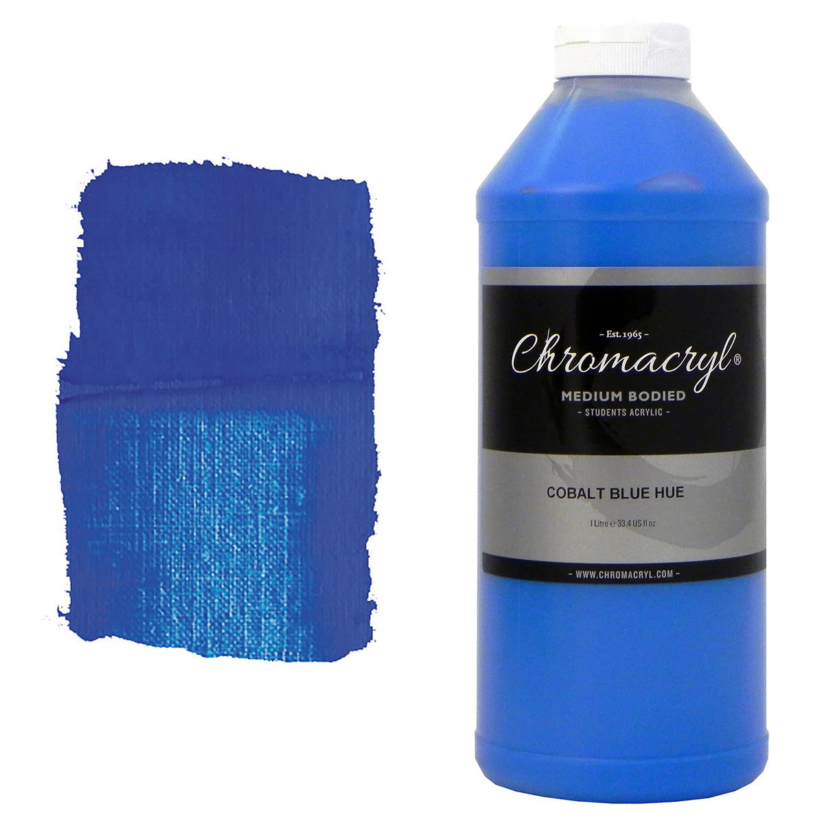 Chroma Chromacryl Student Acrylic Paint 1 Litre Bottle Cobalt Blue: bottle with white cap beside a painted swatch of a strong mid blue, deep royal blue where thick and brighter where thin