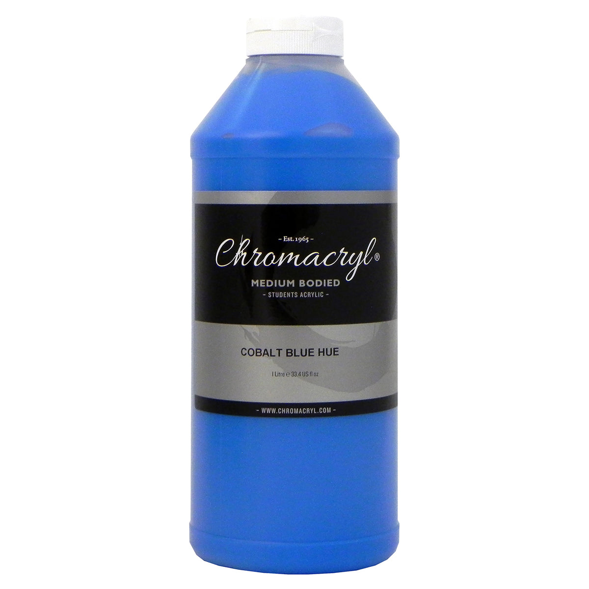 Chroma Chromacryl Student Acrylic Paint 1 Litre Bottle Cobalt Blue: front view of the bottle showing the Medium Bodied Students Acrylic label