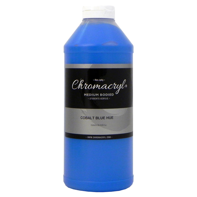 Chroma Chromacryl Student Acrylic Paint 1 Litre Bottle Cobalt Blue: front view of the bottle showing the Medium Bodied Students Acrylic label