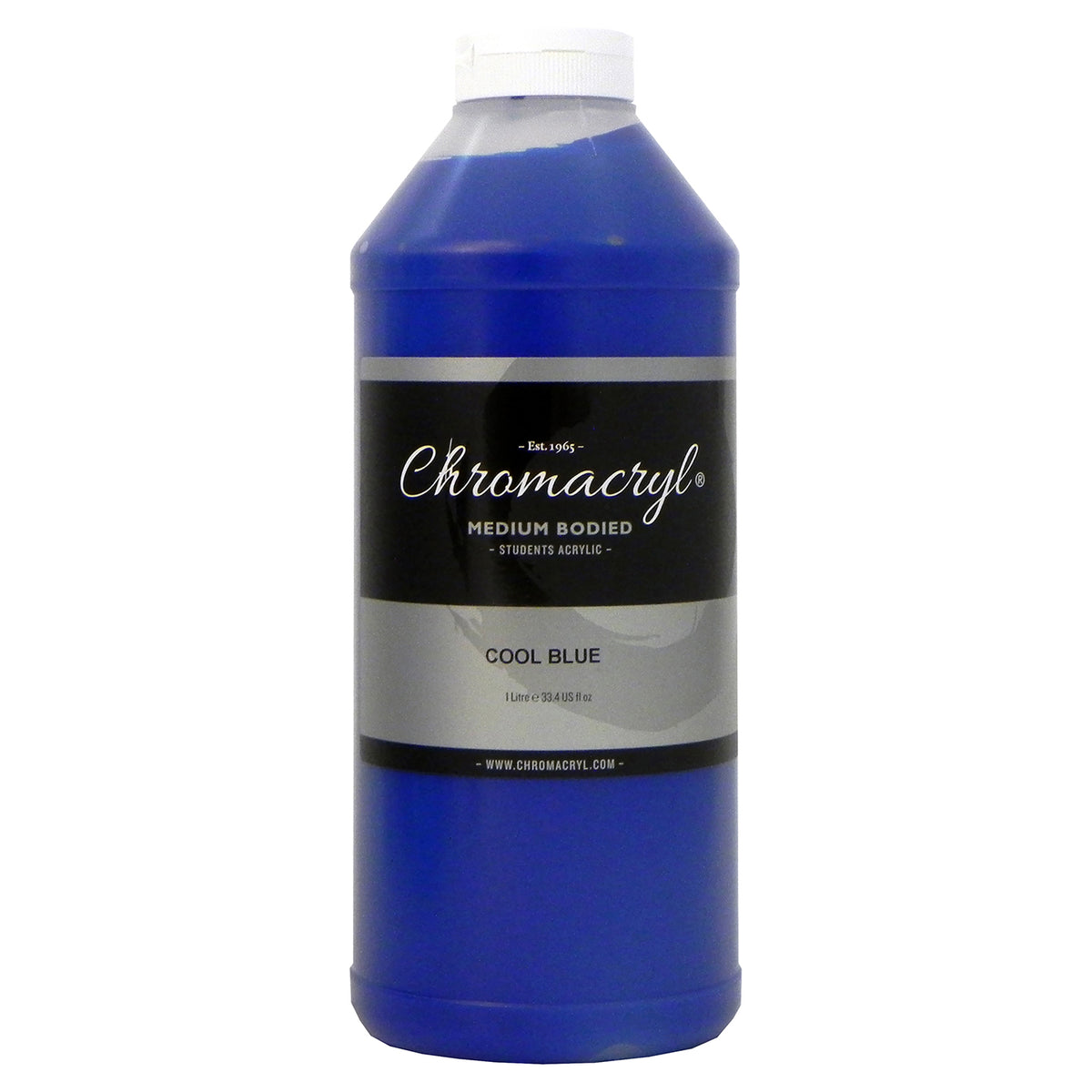 Chroma Chromacryl Student Acrylic Paint 1 Litre Bottle Cool Blue: front view of the bottle showing the Medium Bodied Students Acrylic label