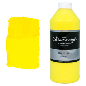 Chroma Chromacryl Student Acrylic Paint 1 Litre Bottle Cool Yellow: bottle with white cap beside a painted swatch of a bright, clean lemon yellow