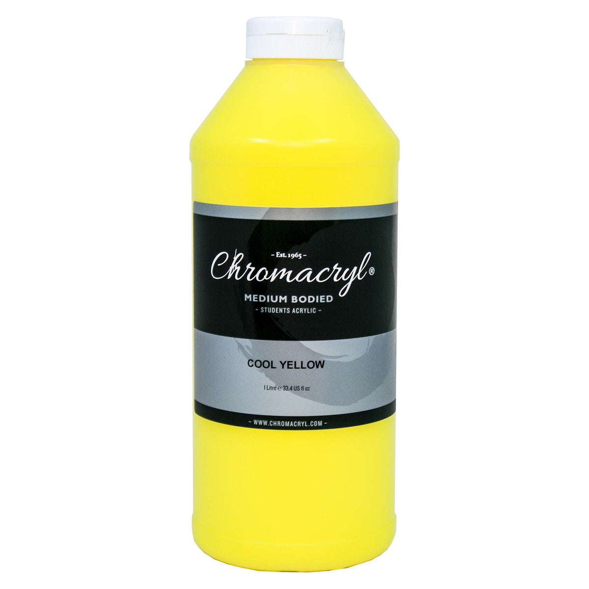 Chroma Chromacryl Student Acrylic Paint 1 Litre Bottle Cool Yellow: front view of the bottle showing the Medium Bodied Students Acrylic label