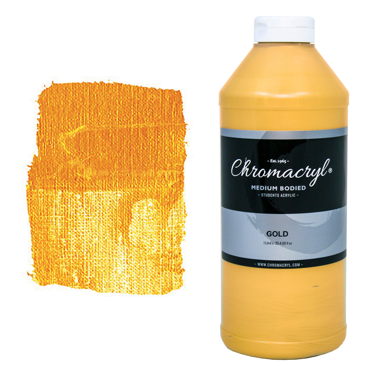Chroma Chromacryl Student Acrylic Paint 1 Litre Bottle Gold: bottle with white cap beside a painted swatch of a warm golden yellow with an orange lean