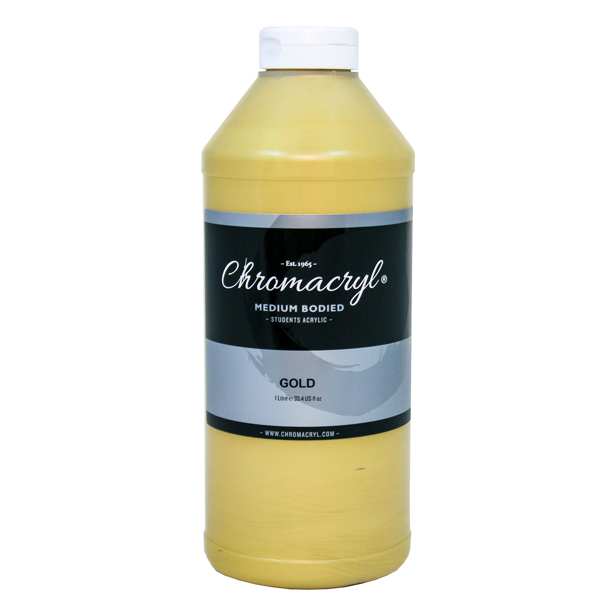 Chroma Chromacryl Student Acrylic Paint 1 Litre Bottle Gold: front view of the bottle showing the Medium Bodied Students Acrylic label