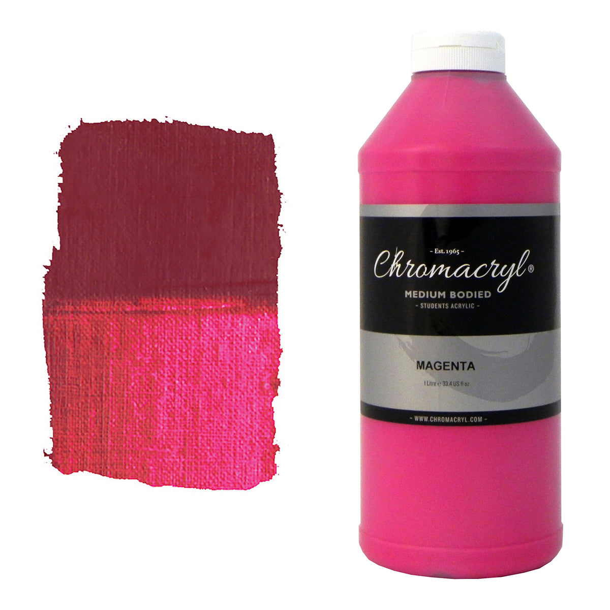 Chroma Chromacryl Student Acrylic Paint 1 Litre Bottle Magenta: bottle with white cap beside a painted swatch of a vivid pink-purple magenta, deep wine where thick