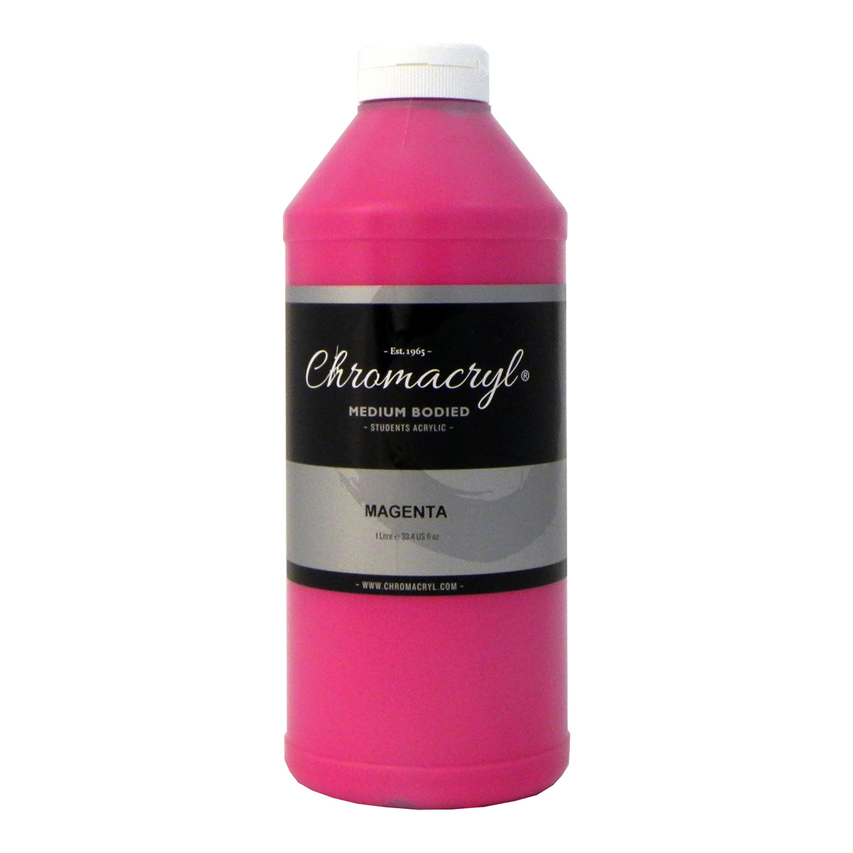 Chroma Chromacryl Student Acrylic Paint 1 Litre Bottle Magenta: front view of the bottle showing the Medium Bodied Students Acrylic label