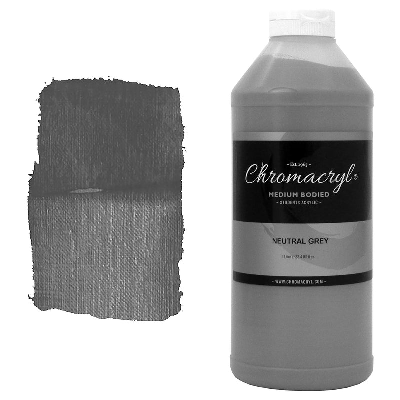 Chroma Chromacryl Student Acrylic Paint 1 Litre Bottle Neutral Grey: bottle with white cap beside a painted swatch of a mid to dark neutral grey
